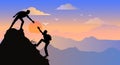 Adventure in the mountains. Assist a friend when climbing to the top. Hand of support. Friendship. Silhouette traveling people. Royalty Free Stock Photo