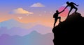 Adventure in the mountains. Assist a friend when climbing to the top. Hand of support. Friendship. Silhouette traveling people. Royalty Free Stock Photo
