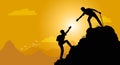 Adventure in the mountains. Assist a friend when climbing to the top. Hand of support. Friendship. Silhouette traveling people. Royalty Free Stock Photo