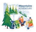Adventure in the mountains poster. A couple of young people are sitting near the tent and resting with backpacks against the