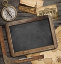 Adventure nautical background with treasure map, compass, blackboard