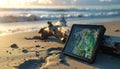 Adventure Navigation with a GPS Tablet on a Sunset Beach Royalty Free Stock Photo