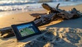 Adventure Navigation with a Rugged Tablet on the Beach Royalty Free Stock Photo