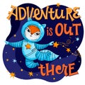 Adventure is out there lettering phrase. Hand drawn baby space theme quote.