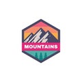 Adventure outdoors - concept badge. Mountain climbing logo in flat style. Extreme exploration sticker symbol. Camping & hiking