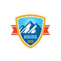 Adventure outdoors - concept badge. Mountain climbing logo in flat style. Extreme exploration sticker symbol.  Camping & hiking Royalty Free Stock Photo