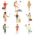 Adventure people. Outdoor characters backpackers male explore nature happy travellers vector cartoon illustrations