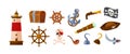 Adventure pirate equipment set. Treasure chest, gunshot, hook, note bottle, anchor, skull