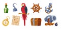 Adventure pirate set. Pirate ship equipment, treasure box, weapon, parrot, compass, hat, treasure chest, bottle of rum, hat, flag Royalty Free Stock Photo