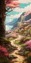 Adventure Pulp Landscape With Pink Flowers And Magnolia