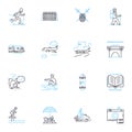 Adventure pursuits linear icons set. Climbing, Hiking, Skydiving, Bungee jumping, Surfing, Rafting, Rock climbing line