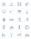 Adventure pursuits linear icons set. Climbing, Hiking, Skydiving, Bungee jumping, Surfing, Rafting, Rock climbing line