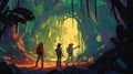 An adventure scene of a group of explorers discovering a lost temple in the jungle