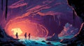 An adventure scene of a group of explorers discovering an underground cave system