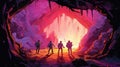 An adventure scene of a group of explorers discovering an underground cave system