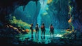 An adventure scene of a group of explorers discovering an underground cave system