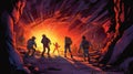 An adventure scene of a group of explorers discovering an underground cave system