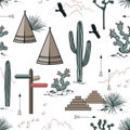 Adventure seamless pattern with wild desert nature, rocks, saguaro, wigwams, and arrows. Vector background design for