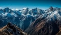 Adventure seekers hike high up to explore majestic mountain peaks generated by AI