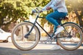 Adventure, street travel and bike break outdoor in urban city in summer. Woman with vintage bicycle in a road for Royalty Free Stock Photo