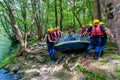 Adventure team doing rafting on the cold waters of the Nestos River