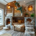 Adventure-themed kids bedroom with a loft bed and imaginative play areas