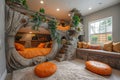 Adventure-themed kids bedroom with a loft bed and imaginative play areassuper detailed