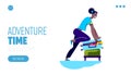 Adventure time landing page with young female trying to close overflowed suitcase