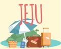 Adventure to Jeju island. Inscription with invitation to island with luggage and beach accessories
