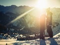 Adventure to winter mountain. Snowboarder girl Royalty Free Stock Photo