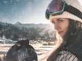 Adventure to winter sport. Snowboarder girl at Alps Royalty Free Stock Photo