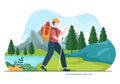 Adventure Tour on the Theme of Climbing, Trekking, Hiking, Walking or Vacation with Forest and Mountain Views in Illustration Royalty Free Stock Photo