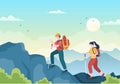 Adventure Tour on the Theme of Climbing, Trekking, Hiking, Walking or Vacation with Forest and Mountain Views in Illustration