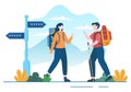 Adventure Tour on the Theme of Climbing, Trekking, Hiking, Walking or Vacation with Forest and Mountain Views in Illustration