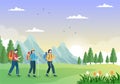 Adventure Tour on the Theme of Climbing, Trekking, Hiking, Walking or Vacation with Forest and Mountain Views in Illustration Royalty Free Stock Photo