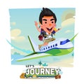 Adventure tourist man ride on plane with beach background. let`s journey concept with typography - vector illustration