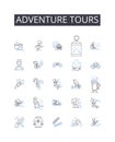 Adventure tours line icons collection. Eco trips, Culture tours, Wildlife safaris, Beach getaways, City breaks, Food