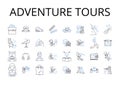 Adventure tours line icons collection. Eco trips, Culture tours, Wildlife safaris, Beach getaways, City breaks, Food