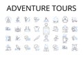 Adventure tours line icons collection. Eco trips, Culture tours, Wildlife safaris, Beach getaways, City breaks, Food