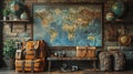 Adventure travel agency with maps and exotic destination photos3D render