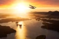 Adventure Travel Composite with Seaplane Flying over the ocean