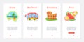 Adventure travel cruise, excursion and food UX, UI onboarding mobile app page screen set