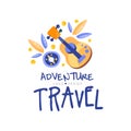 Adventure travel logo design, summer vacation, weekend tour, camping time, tourist agency creative label vector Royalty Free Stock Photo