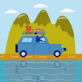 Adventure travel. Man travels on an SUV with suitcases,background of mountains, vector flat illustration, concept of