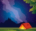 Travel tent, mountains, night starry sky, milky way.
