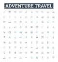 Adventure travel vector line icons set. Adventure, Travel, Expedition, Trekking, Exploring, Backpacking, Canoeing