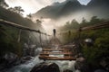 adventure traveller crossing rope bridge over raging river, with misty mountains in the background