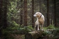 Adventure trip with happy dog in deep forest Royalty Free Stock Photo