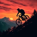 Adventure in twilight silhouette of a mountain biker at sunset Royalty Free Stock Photo