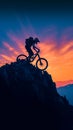 Adventure in twilight silhouette of a mountain biker at sunset Royalty Free Stock Photo